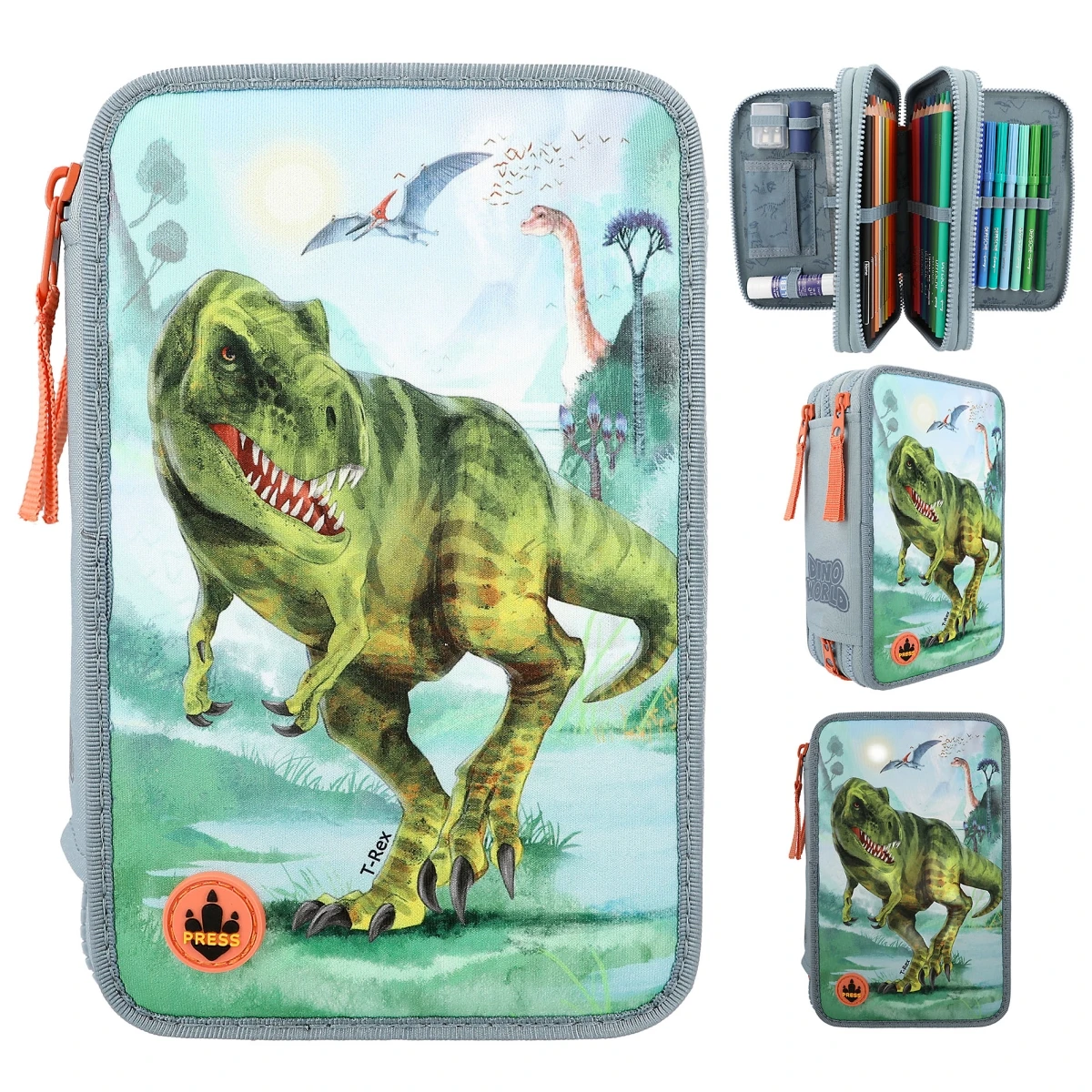 Depesche 12166 Dino World 3-Fach Federtasche LED T-Rex Dinosaurier Rauchblau 1 Depesche 12166 Dino World 3-Fach Federtasche LED T-Rex Dinosaurier Rauchblau