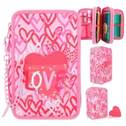 Depesche 12258 TOPModel 3-Fach Federtasche Mit PU Herz ONE LOVE Rot-rosa Herzen