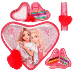 Depesche 12260 TOPModel Herz-Federtasche ONE LOVE Rot-rosa Herzen Und Glitzer