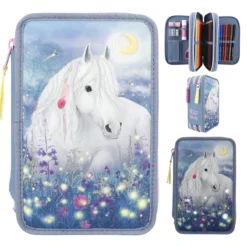 Depesche 12392 Pferd Miss Melody 3-Fach Federtasche Glühwürmchen LED Blumenwiese