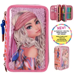 Depesche 11977 TOPModel 3-Fach Federtasche SEVENTIES Candy Pink Glitzernd Hippie