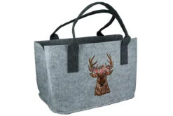 Gilde 44078 Filz Tasche "Hirschkopf Blumen" Tragetasche Einkaufstasche Hellgrau