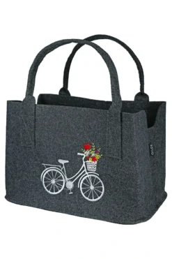 Gilde 44094 Filz Tasche "Blumenfahrrad" Tragetasche Einkaufstasche Dunkelgrau