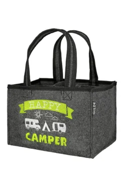 Gilde 44887 Filz Flaschen-Tasche "Happy Camper" 6er Tragerl Dunkelgrau