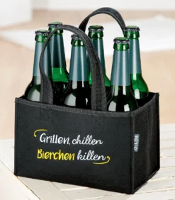 Gilde 49924 Filz Flaschen-Tasche "Grillen, Chillen..." 6er Tragerl Dunkelgrau