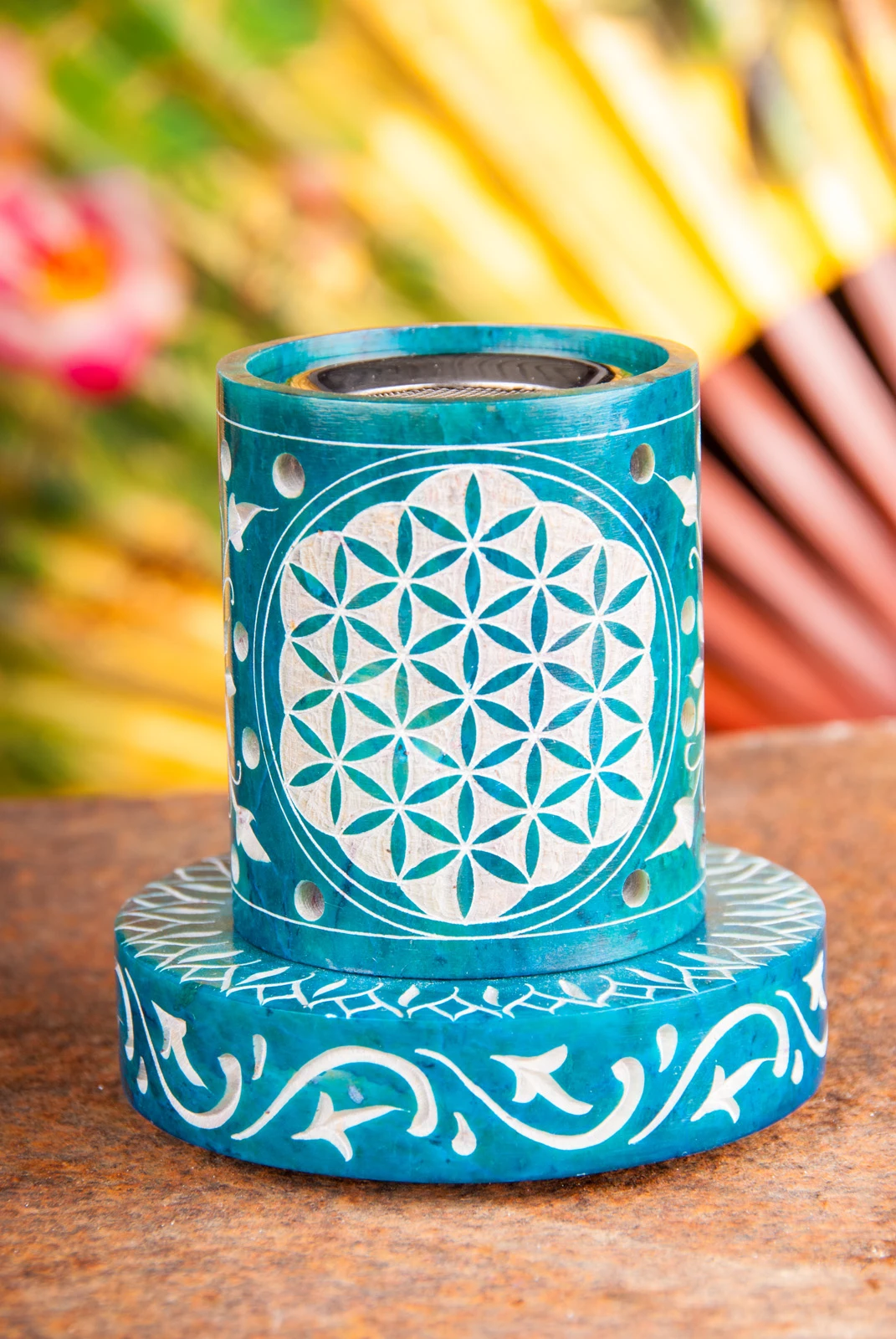 Berk ST-195 Blume Des Lebens Stövchen Siebgefäß Türkis Aus Speckstein 1 Berk ST-195 Blume Des Lebens Stövchen Siebgefäß Türkis Aus Speckstein