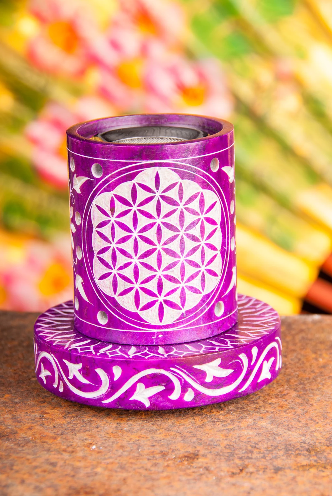 Berk ST-197 Blume Des Lebens Stövchen Siebgefäß Lila Aus Speckstein 1 Berk ST-197 Blume Des Lebens Stövchen Siebgefäß Lila Aus Speckstein